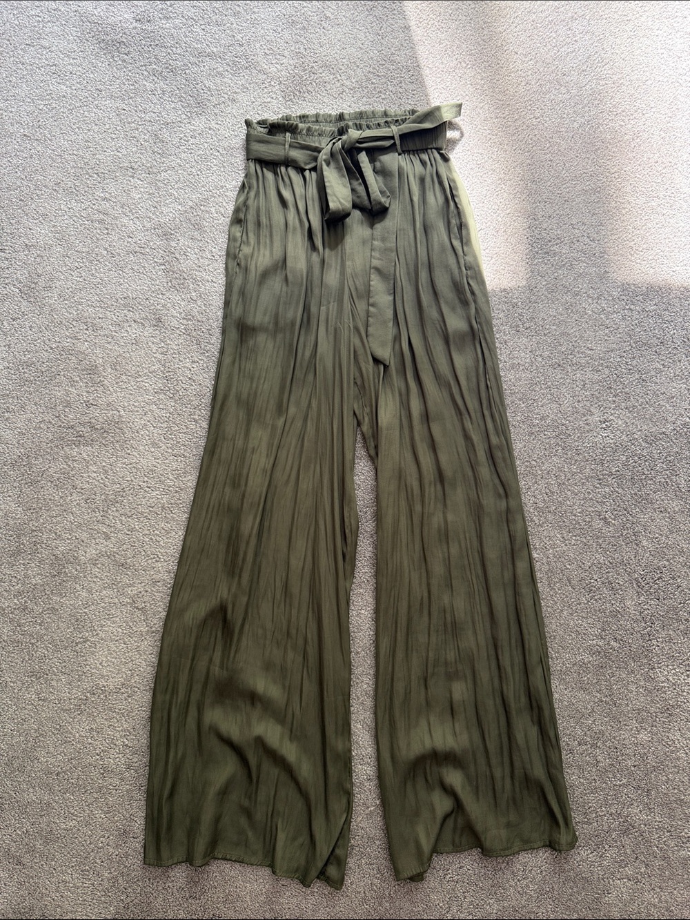 Lulu's Olive Green Wide-Leg Paperbag Pants with Self-Tie Belt